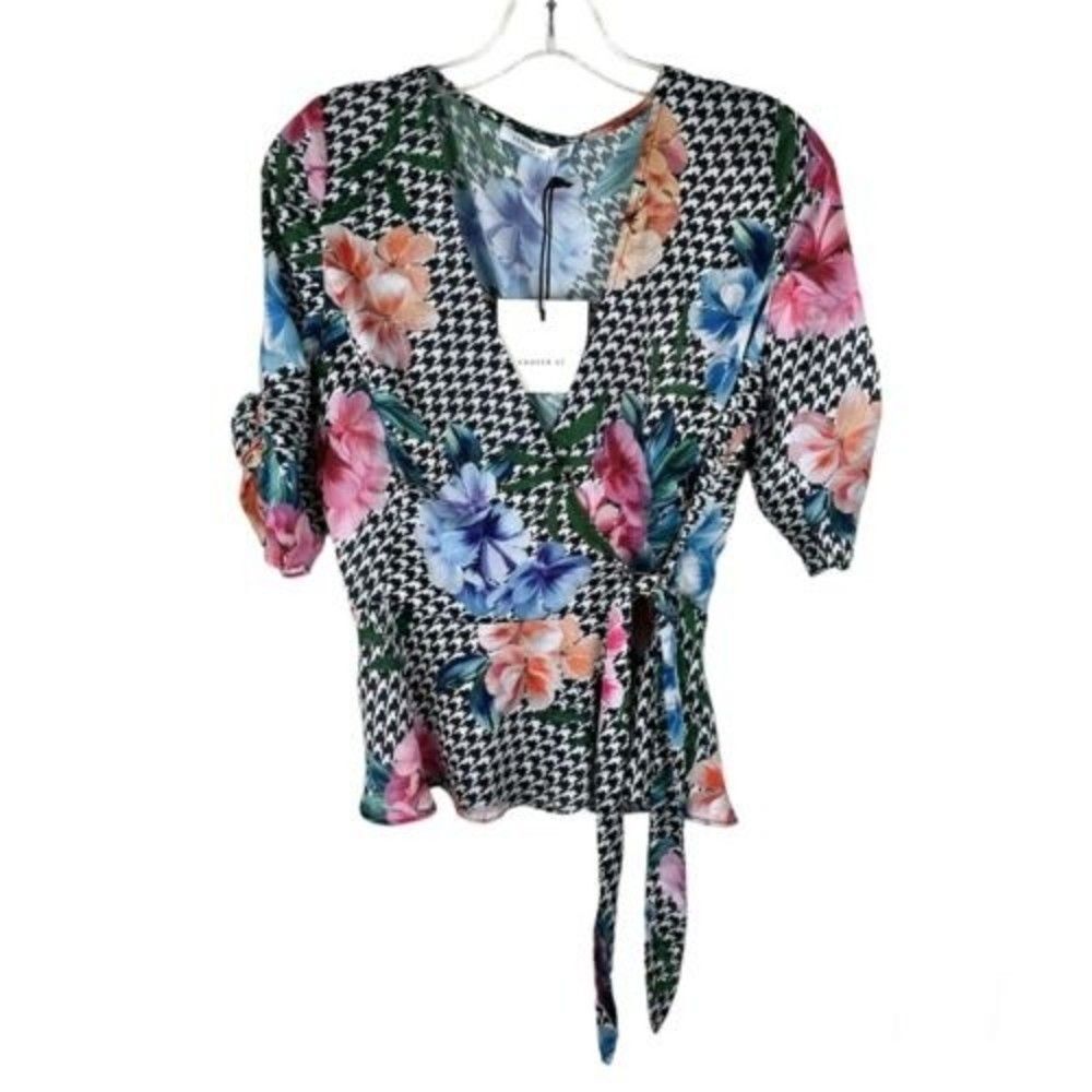 Floral Houndstooth Wrap Blouse - Black with Multicolor Floral